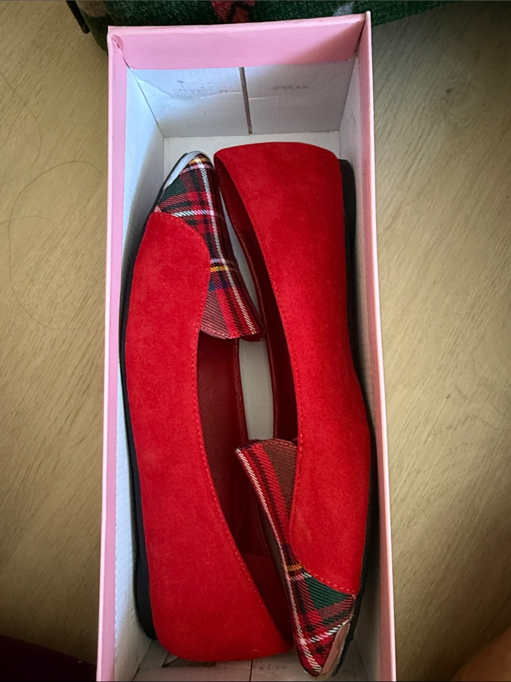 Penny Loves Kenny Red Suede Pointed Flats with Plaid Trim